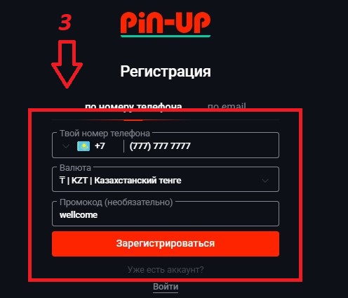 регистрация Пин Ап шаг 3