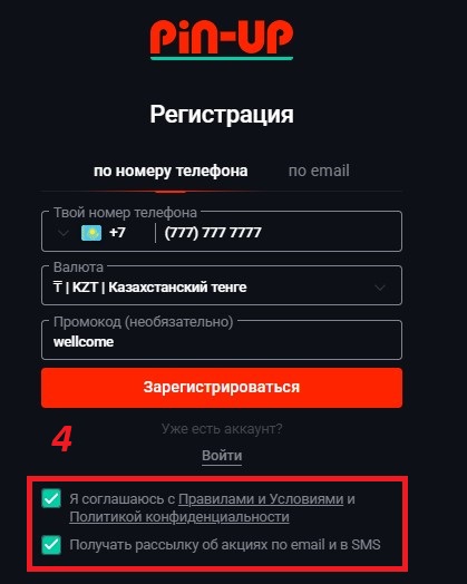 регистрация Пин Ап шаг 4
